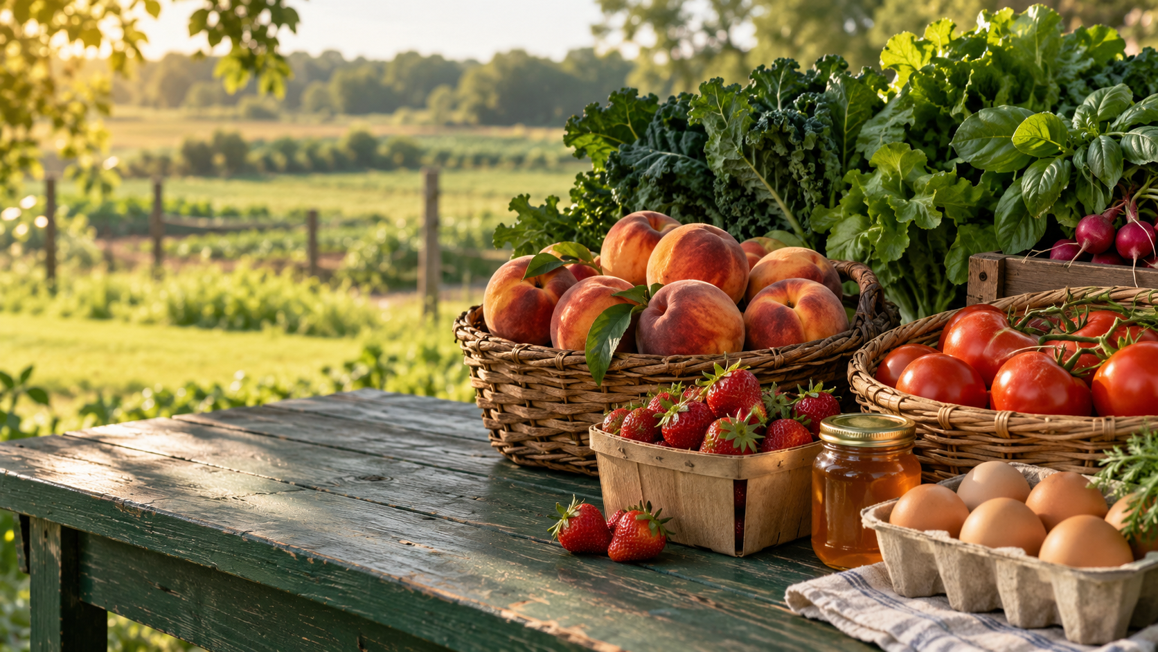 Illustrative produce assortment; not a photograph of a listed farm
